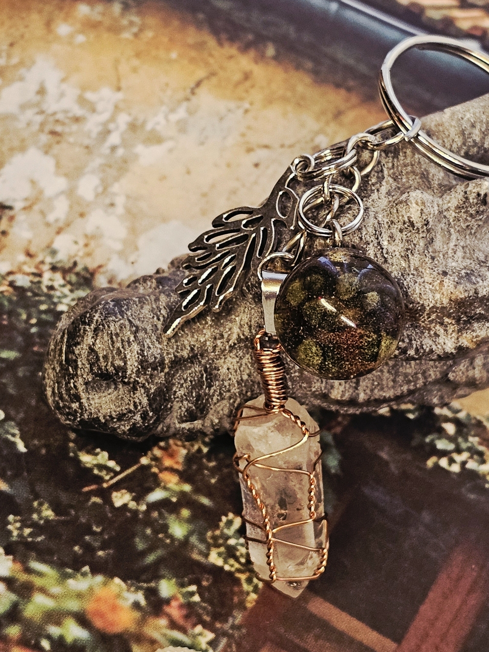 Handcrafted Rose Quartz & Resin Orb Keychain with Leaf Charm - Pink, Gold Accent